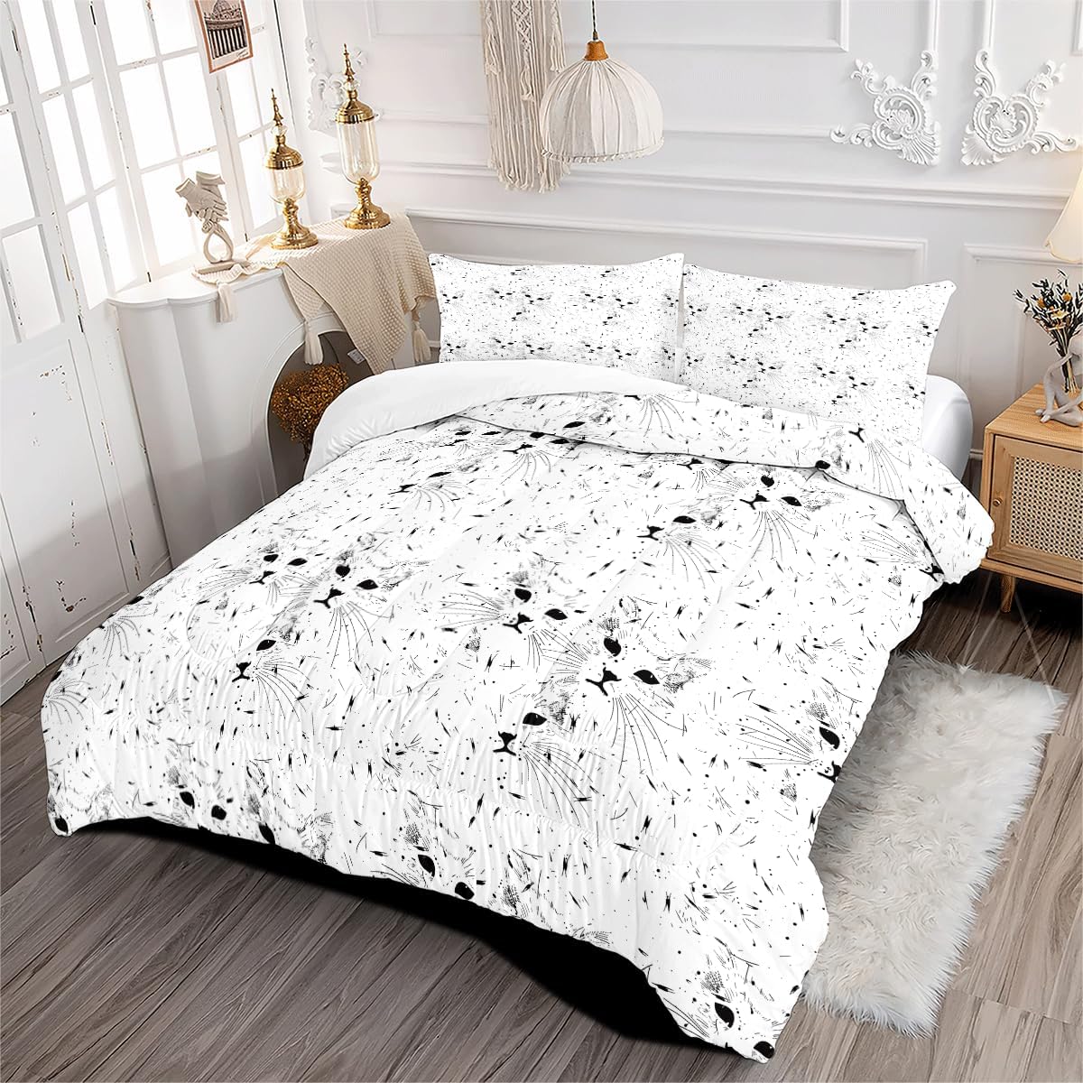 Microfiber Twin Size Comforter Bedding Set Line Drawing Cat White Comforter Set Comforter Sets Kids Adult Bedroom Quilt Set with Pillowcases