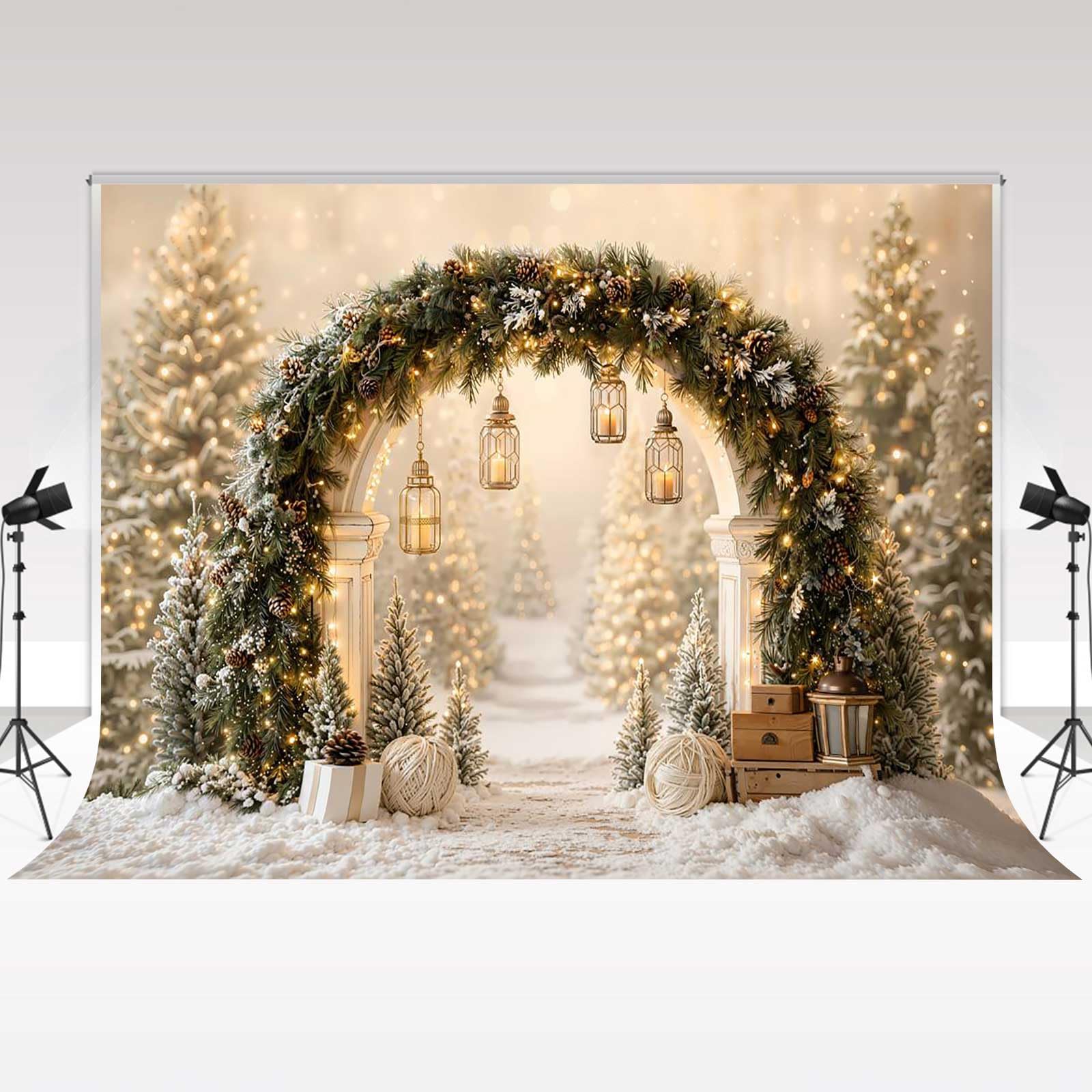 Kate Sfondo Fotografico 10x6.5ft Natale Bianco Arco Albero Luci Foto Studio
