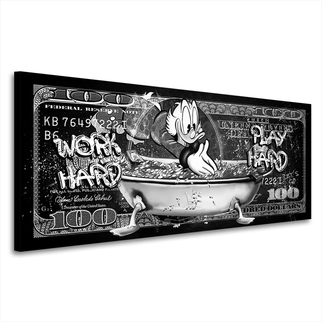 Kunstgestalten24 Leinwand Bild Dagobert Duck Work Hard Black and White Pop Art Wandbild Kunstdruck Raum- u. Wanddeko