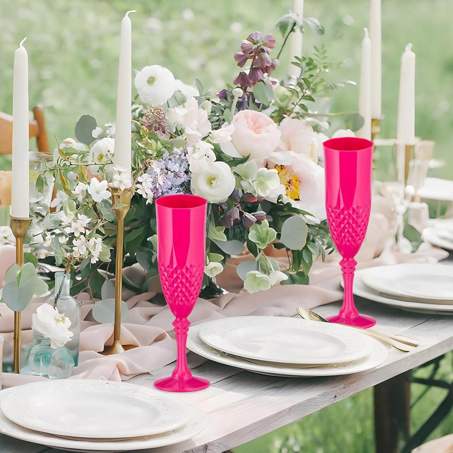 Plastic Champagne Flutes,Wine Glasses Goblets Set of 24,Mimosa Bar Shatterproof Reusable Vintage Champagne Flutes Stemmed Drinking Cups for Weddings, Bachelor Parties, Toasting,Cava, Prosecco(24,Pink)