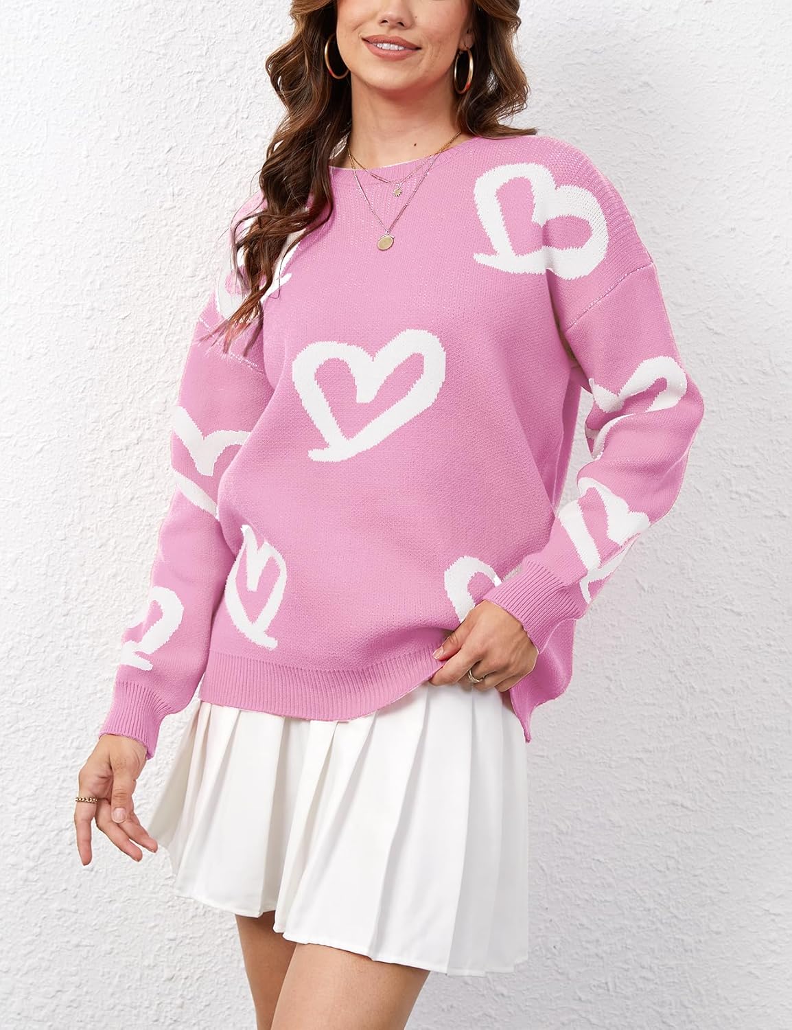 Wyeysyt Heart Sweater for Women Oversized Valentines Day Sweaters Crew Neck Knit Pullover Sweaters - Image 4