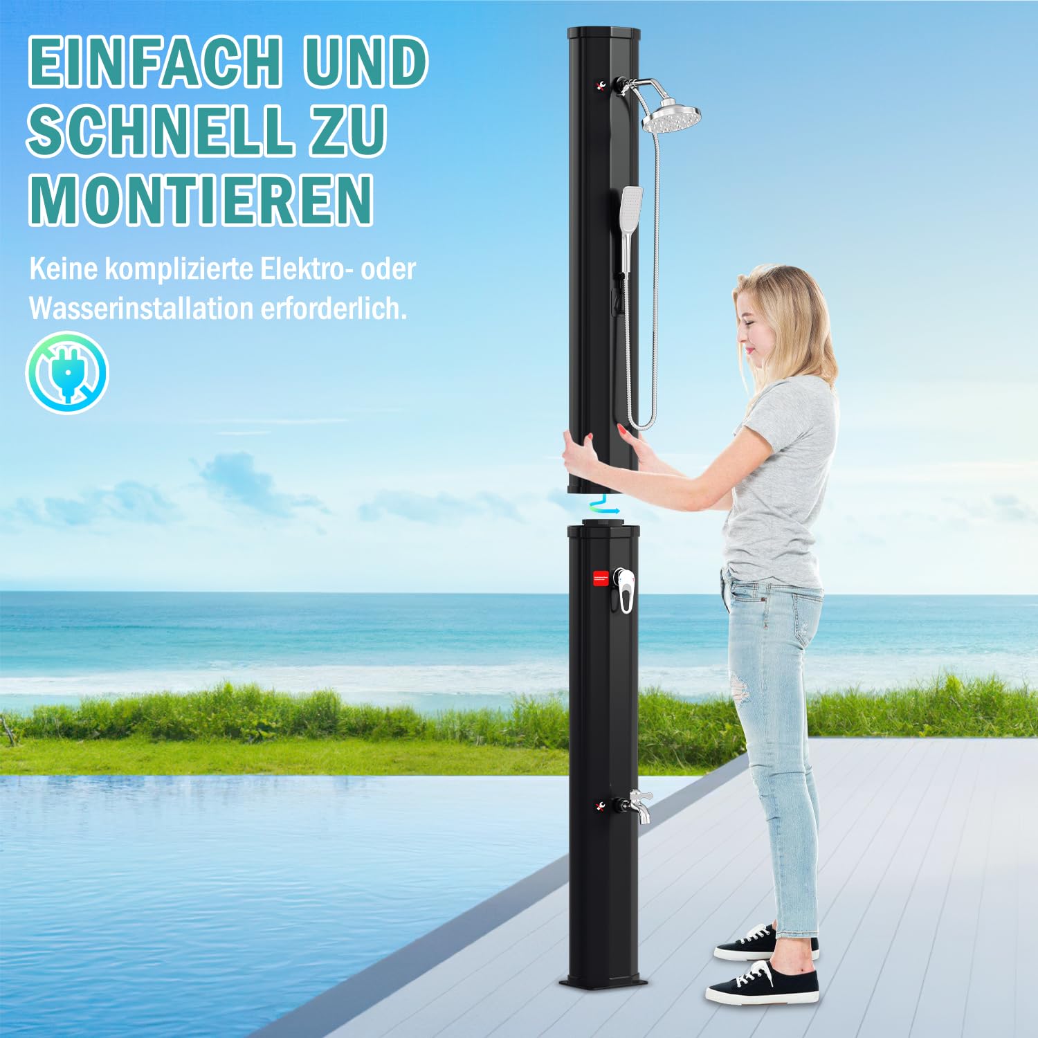 Randaco Solardusche Solar Gartendusche warmes Wasser Bis Zu 60°C Ohne Stromanschluss Pooldusche Camping mit Fußdusche und schwenkbarem Regenduschkopf Schwarz (40L)