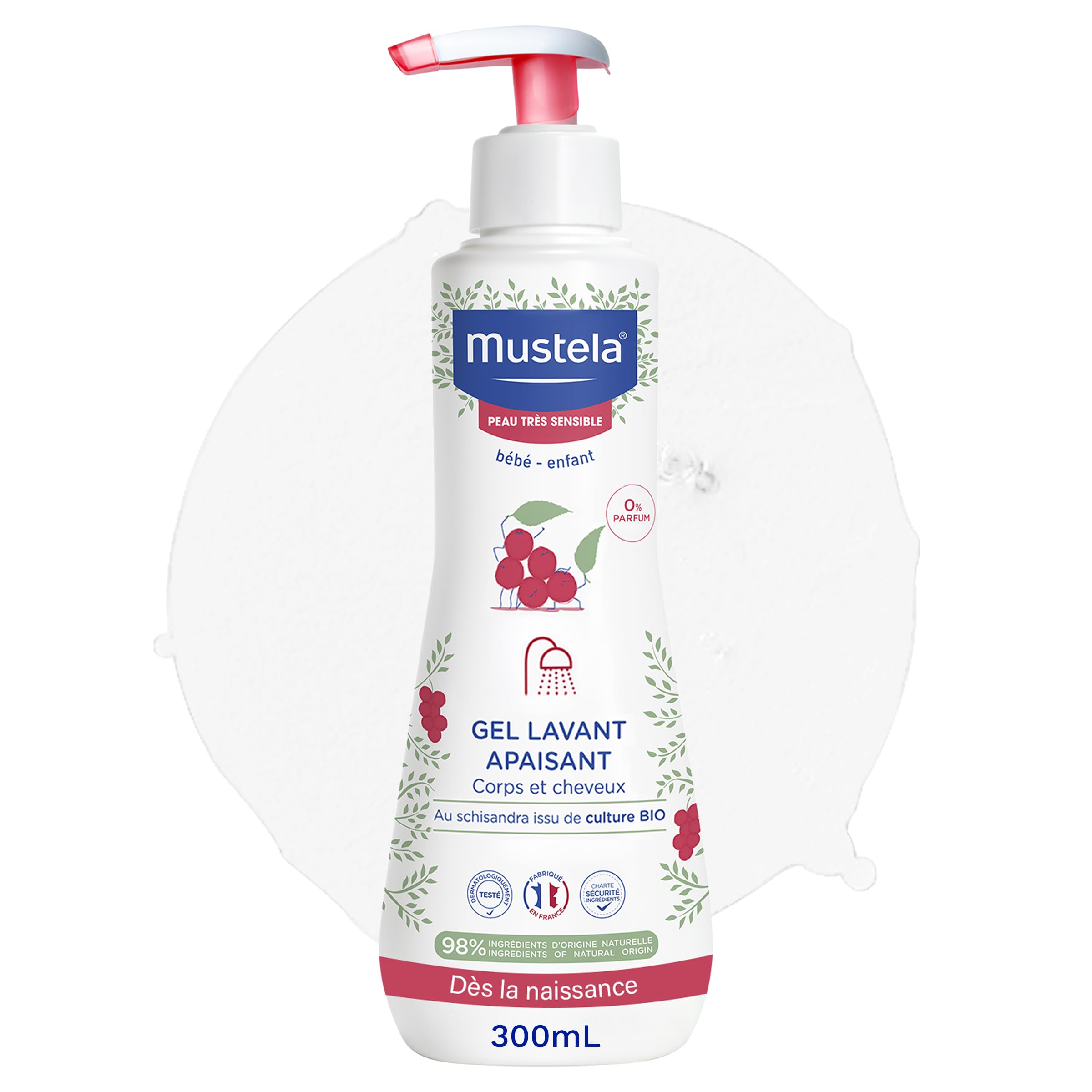 Mustela - Gel Lavant Bébé Apaisant au Schisandra Bio - Pour les Peaux Très Sensibles dès la Naissance - Avec 98% d'Ingrédients Naturels - Gel Lavant sans Parfum - Gamme Hygiène Bébé