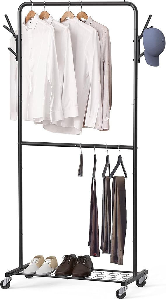 Simple Houseware Double Rod Garment Rack With Wheels and