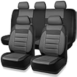 Leather Seat Covers Full Set Universal Water Resistant 3D Foam Back Support, Luxury Comfort Automotive 5 Seat Covers All Season Fit for SUV,Sedan,Van, Airbag Compatible Elegance(Gray Black)