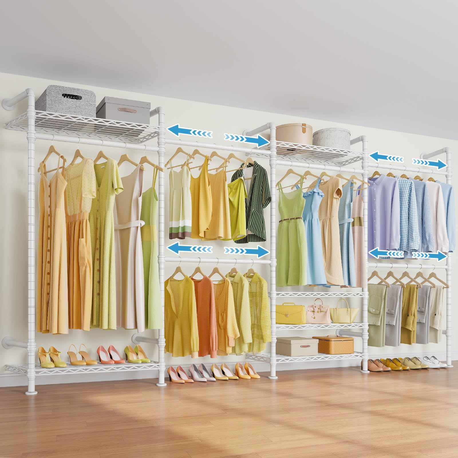 Timate F4 Wall Mounted Clothes Rack Industrial Pipe Clothing Rack for Hanging Clothes, Expandable Garment Rack Heavy Duty Wardrobe Closet Organizer and Storage, Adjustable Industrial Closet Kit, White