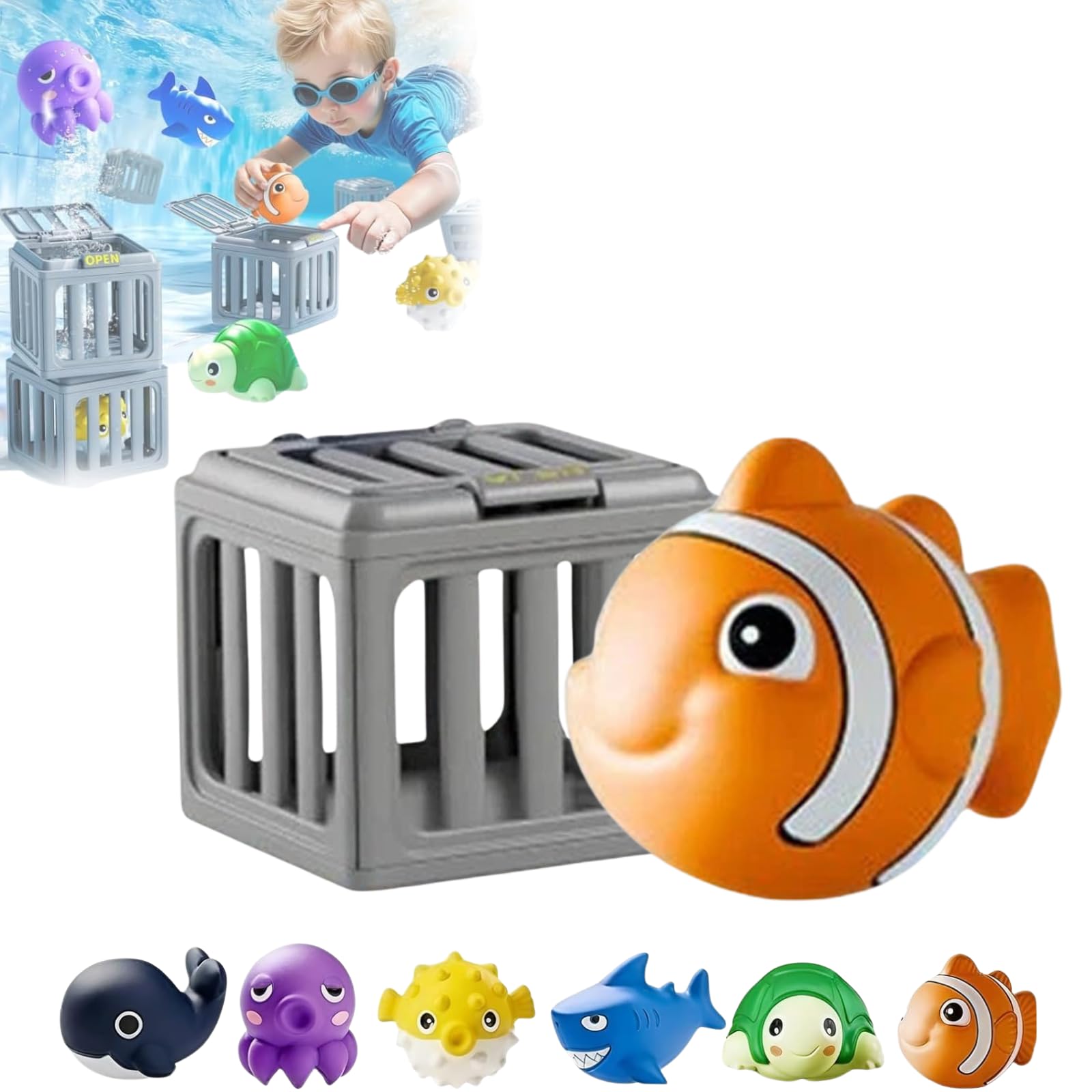 Underwater Dive Toys, Funscape Kids Pool Diving Toys, Pool Diving Treasure Hunt Game, Sinking Pool Swim Toy for Kids, Water Dive Set with Fish Boxs Floating Animals for Boys Girls (Orange)