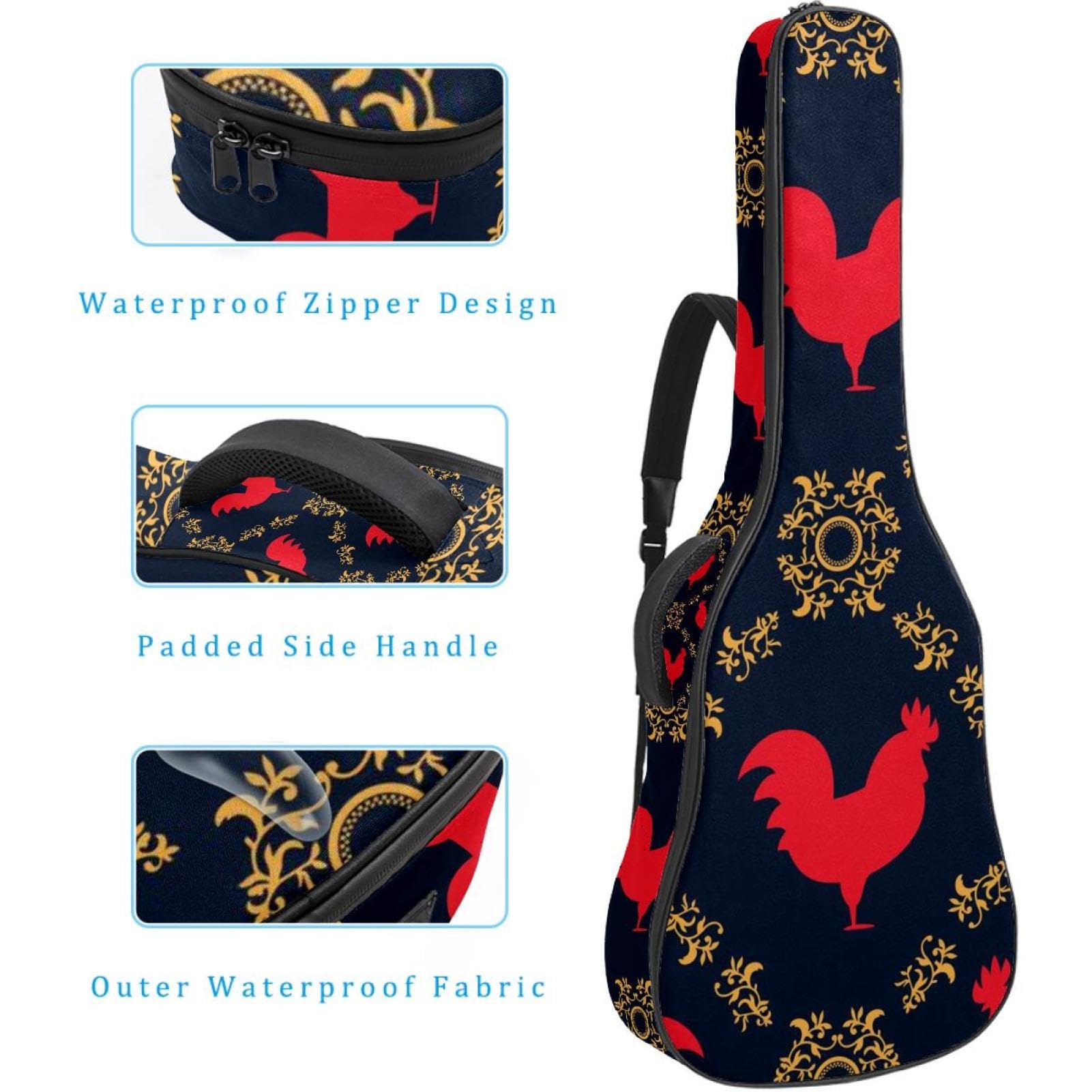 Torba na gitarę akustyczną wodoodporny plecak na gitarę grubo miękko wyściełany kogut klasyczna obudowa na gitarę, wielobarwny, 42.9x16.9x4.7 in, Organizer do torby