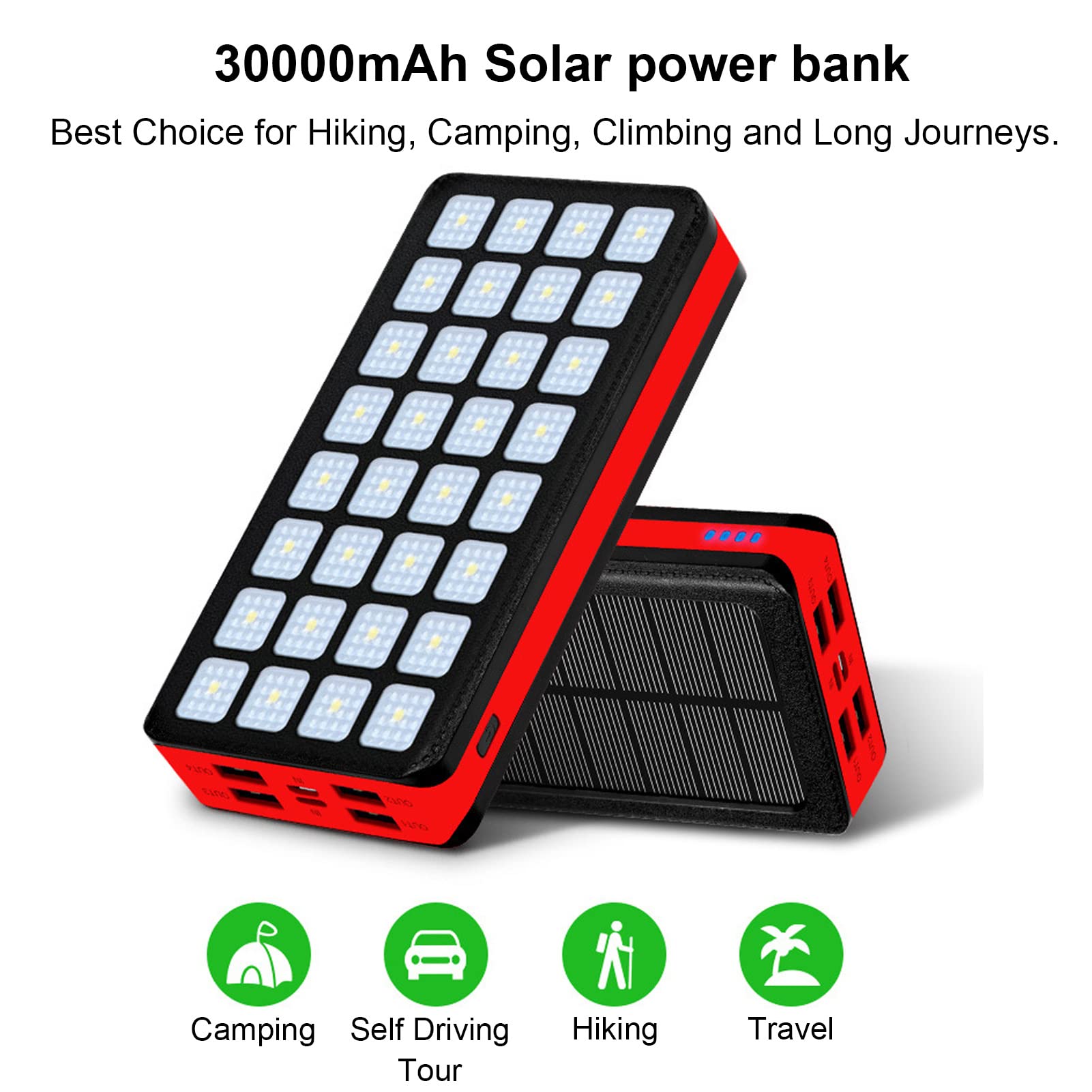 Cocoarm Caricatore Portatile Solar Power Bank Batteria Ai Polimeri 30000mAh 4 Porte USB 32 Luci LED Doppio Ingresso per Campeggio Escursionismo Viaggi Ricarica Telefono di Emergenza