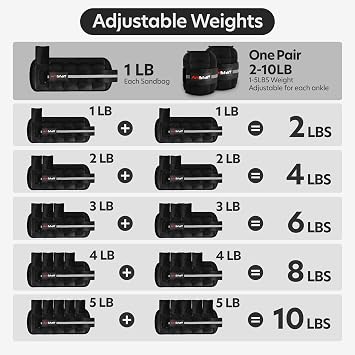AmStaff Fitness Adjustable Ankle Weights 1 Pair 0.9/1.8/2.7/3.6/4.5 kg Leg Weight Straps for Strength Training, Walking, Jogging, Running, and Fitness Workouts – 0.4-2.2 kg Each Ankle, 4.5kg Pair Set