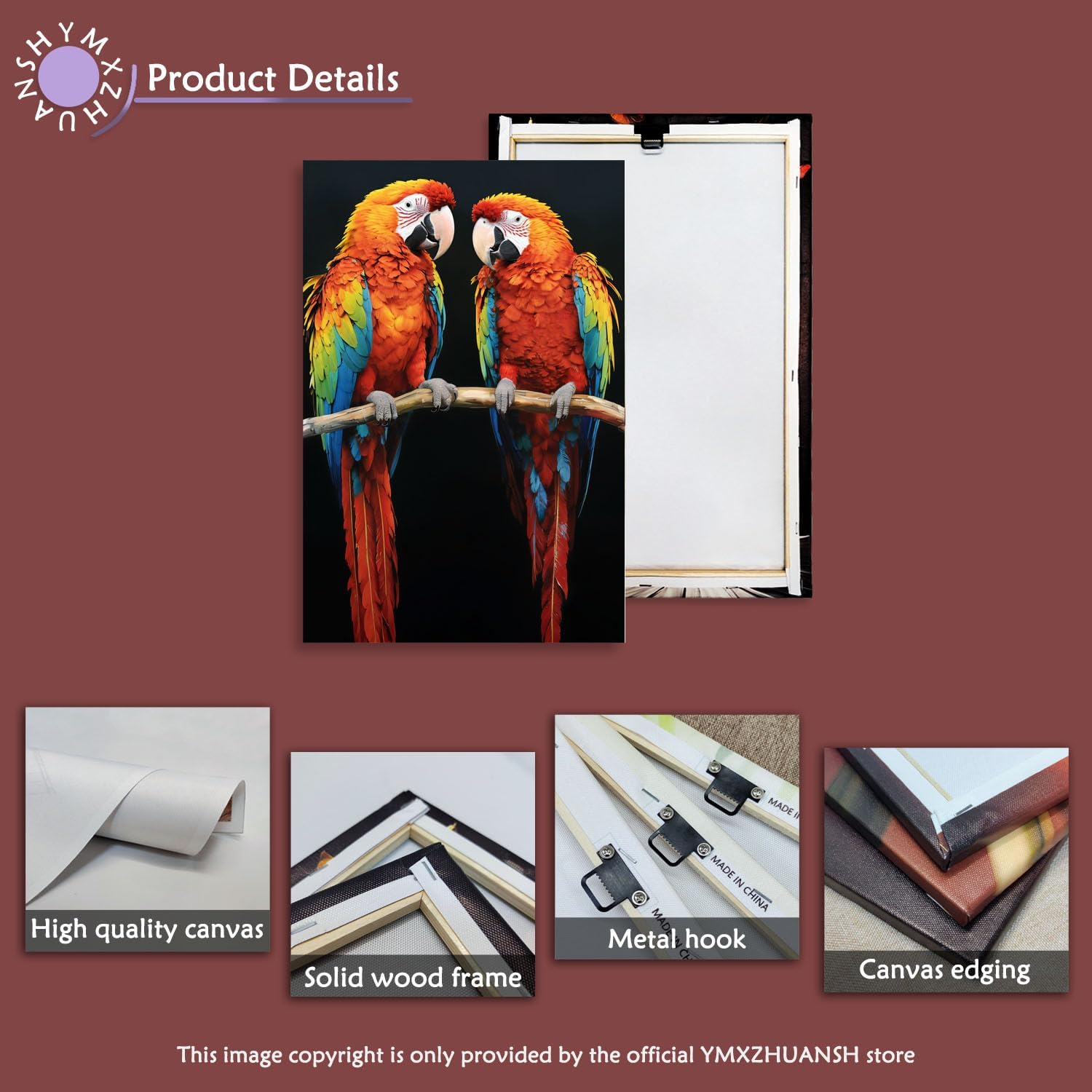 YMXZHUANSH Parrot Canvas Wall Art Tropical Bird Painting Macaw Poster Colorful Parrot Couple Pictures Animal Print for Bathroom Decor Frame(Red 12L x 18W)
