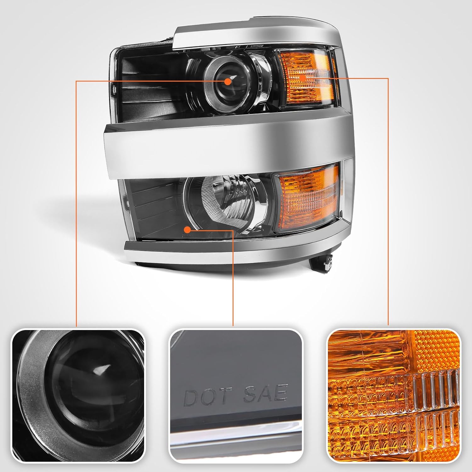 FIONE Halogen Headlight Assembly Compatible with Chevy Silverado 2500 3500 HD 2015-2019 GM2502416 84388592 Chrome Housing Headlamp LH Left Driver