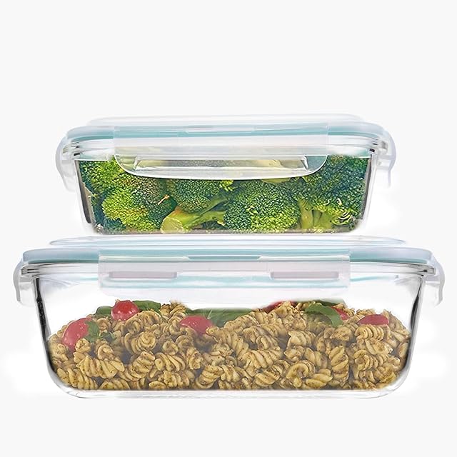 Luvan 2.26+1.05L,2-Pack Large Glass Food Storage Containers with Lids,Glass Meal Prep Containers/Bento Boxes/Lunch Containers with 4 Locking Tabs,Microwave,Oven,Freezer and Dishwasher Safe
