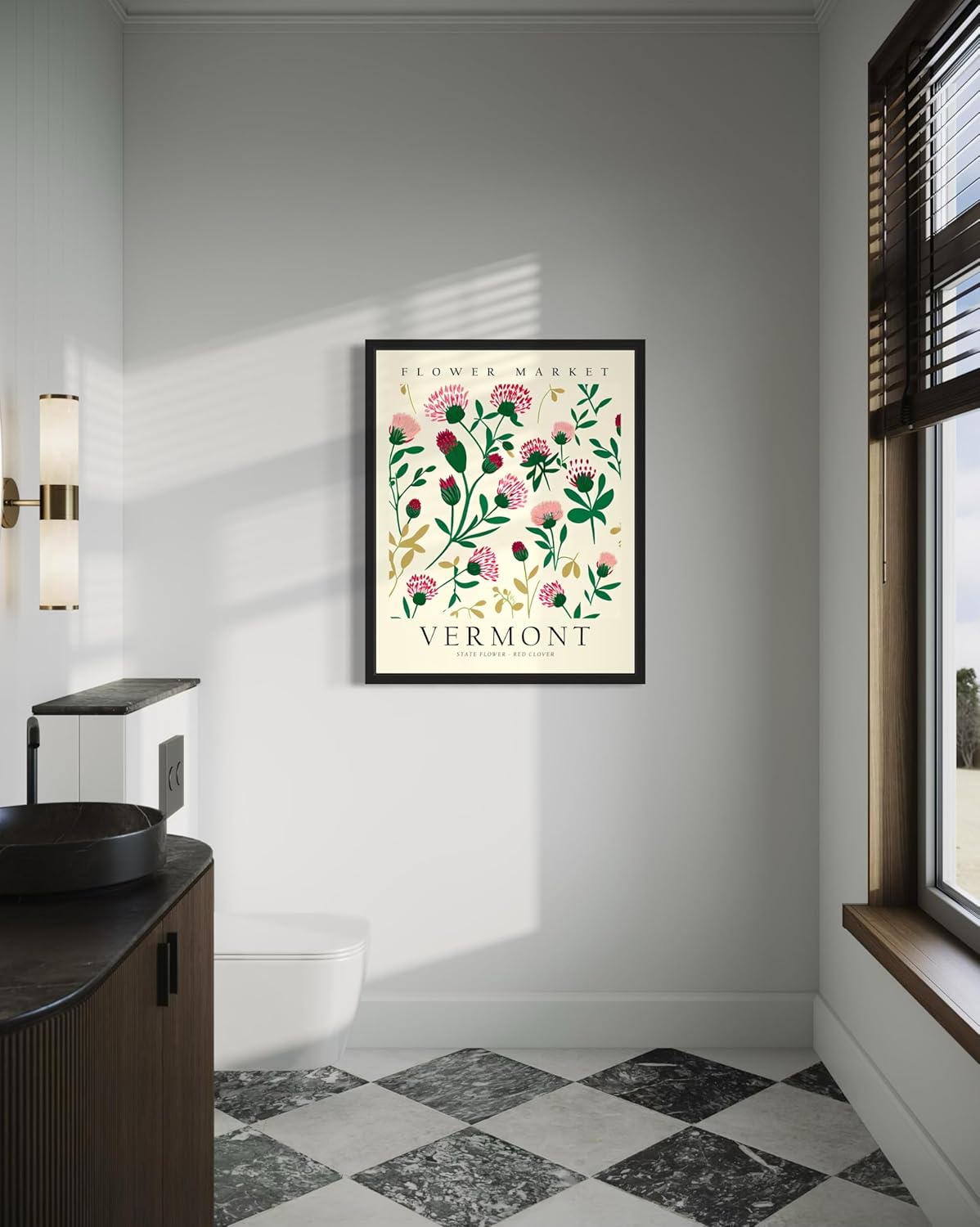 Vermont Flower Market Art Print Poster State Wall Art, Botanical Floral Artwork Decor for Bedroom, Kitchen, Bathroom, Livingroom Decoration 61 (Vermont, 16 x 20 inches, Black Frame)