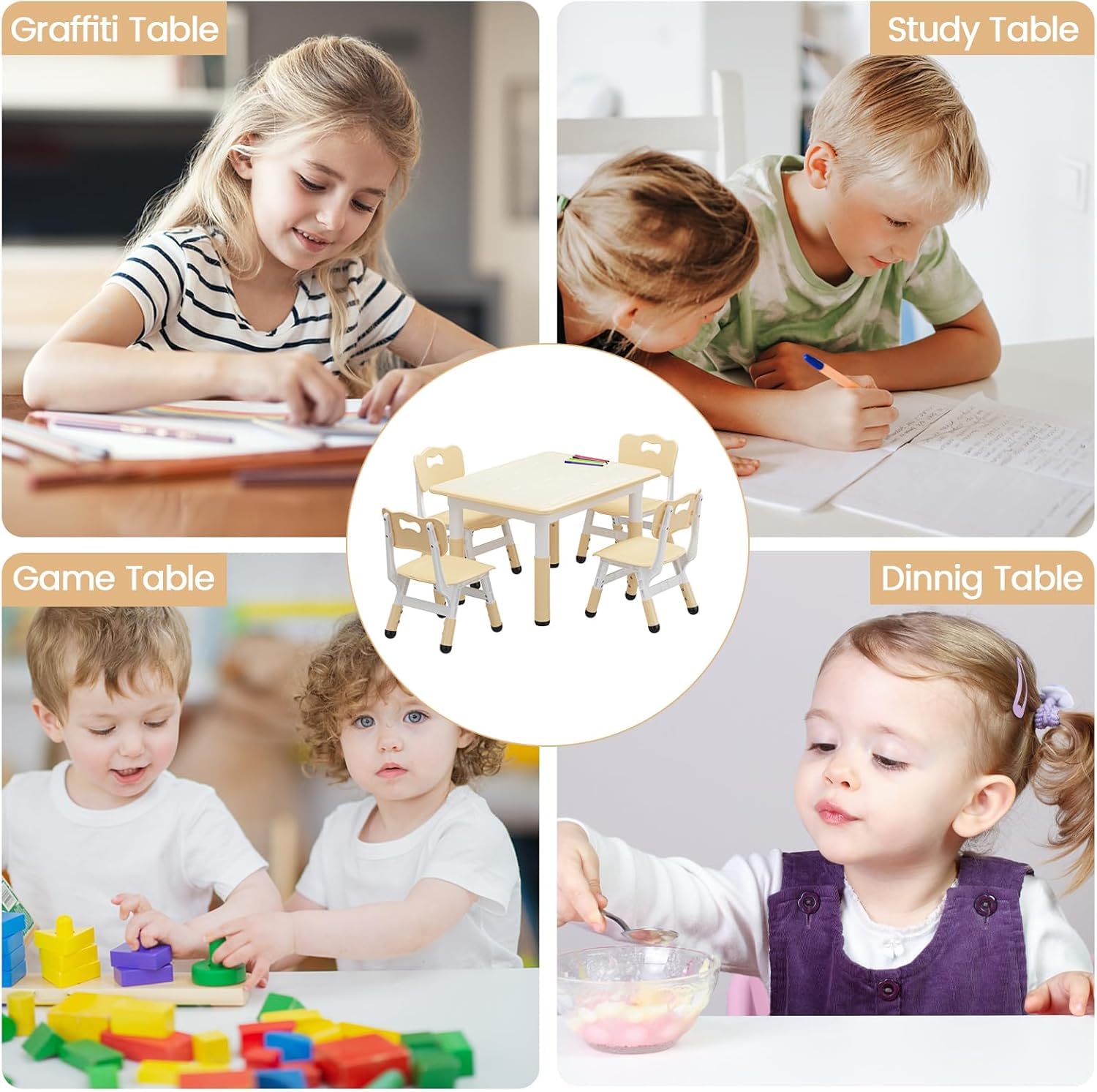 Table Enfant avec 4 Chaises, Ensembles de Table et Chaise Enfant pour Maternelle Creche,Réglables en Hauteur,avec Plateau Graffité et Coussin Anti-dérapant—Couleur Bois