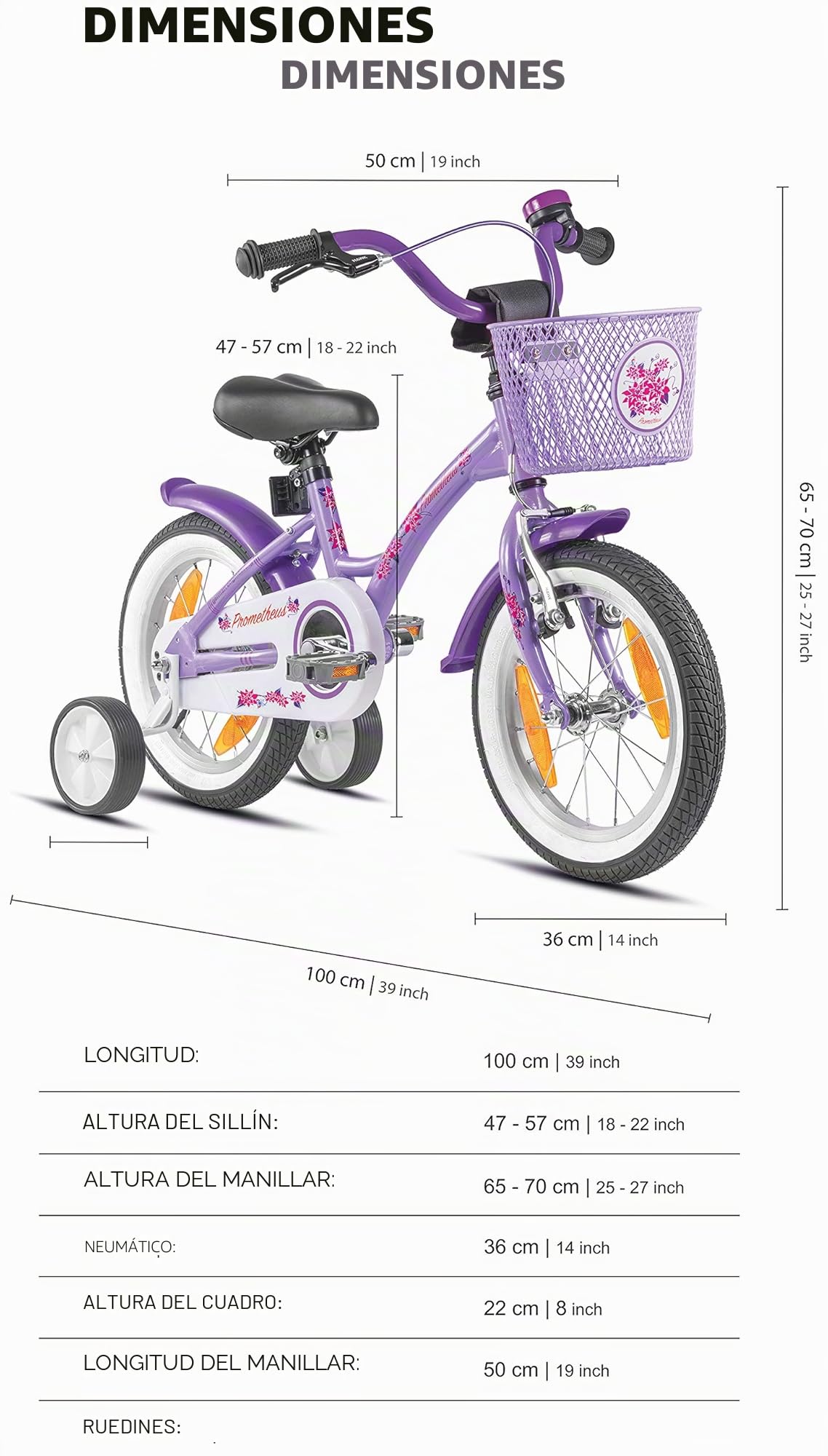 PROMETHEUS BICYCLES Bicicleta niña 4-6 años 14 Pulgadas Bicicleta niña 4 años Bici niña - Infantil con Pedales ruedines y Freno contrapedal Morado