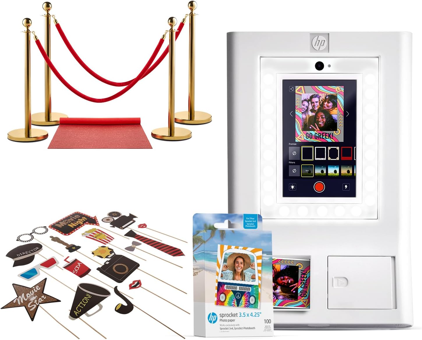HP Sprocket Photo Booth Machine Instant Color Photo Printer (White) + Zink Paper (100 Sheets) + Red Carpet Bundle + Hollywood Props Bundle