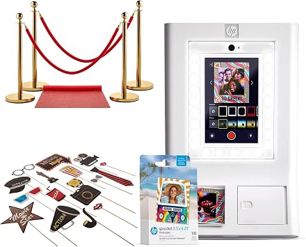 HP Sprocket Photo Booth Machine Instant Color Photo Printer White + Zinc Paper 100 Sheets + Red Carpet Bundle + Hollywood Props Bundle