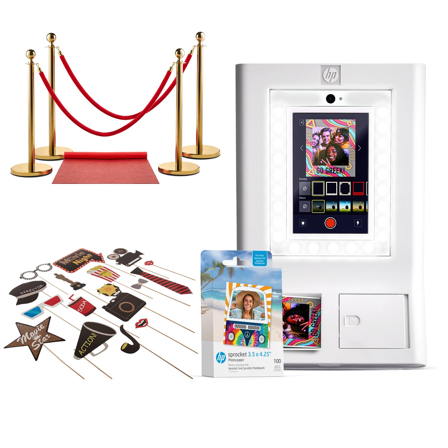 HP Sprocket Photo Booth Machine Instant Color Photo Printer (White) + Zink Paper (100 Sheets) + Red Carpet Bundle + Hollywood Props Bundle