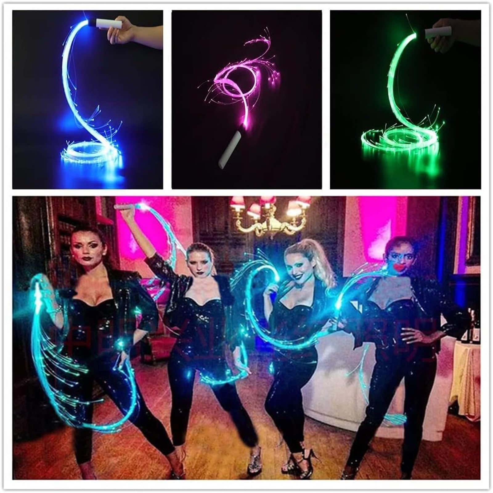 ELzEy Frusta in Fibra Ottica, Flusso di Frusta a LED, Frusta in Fibra Ottica for Feste, 4 modalità Girevole a 360° for Balli, Feste, spettacoli di luci