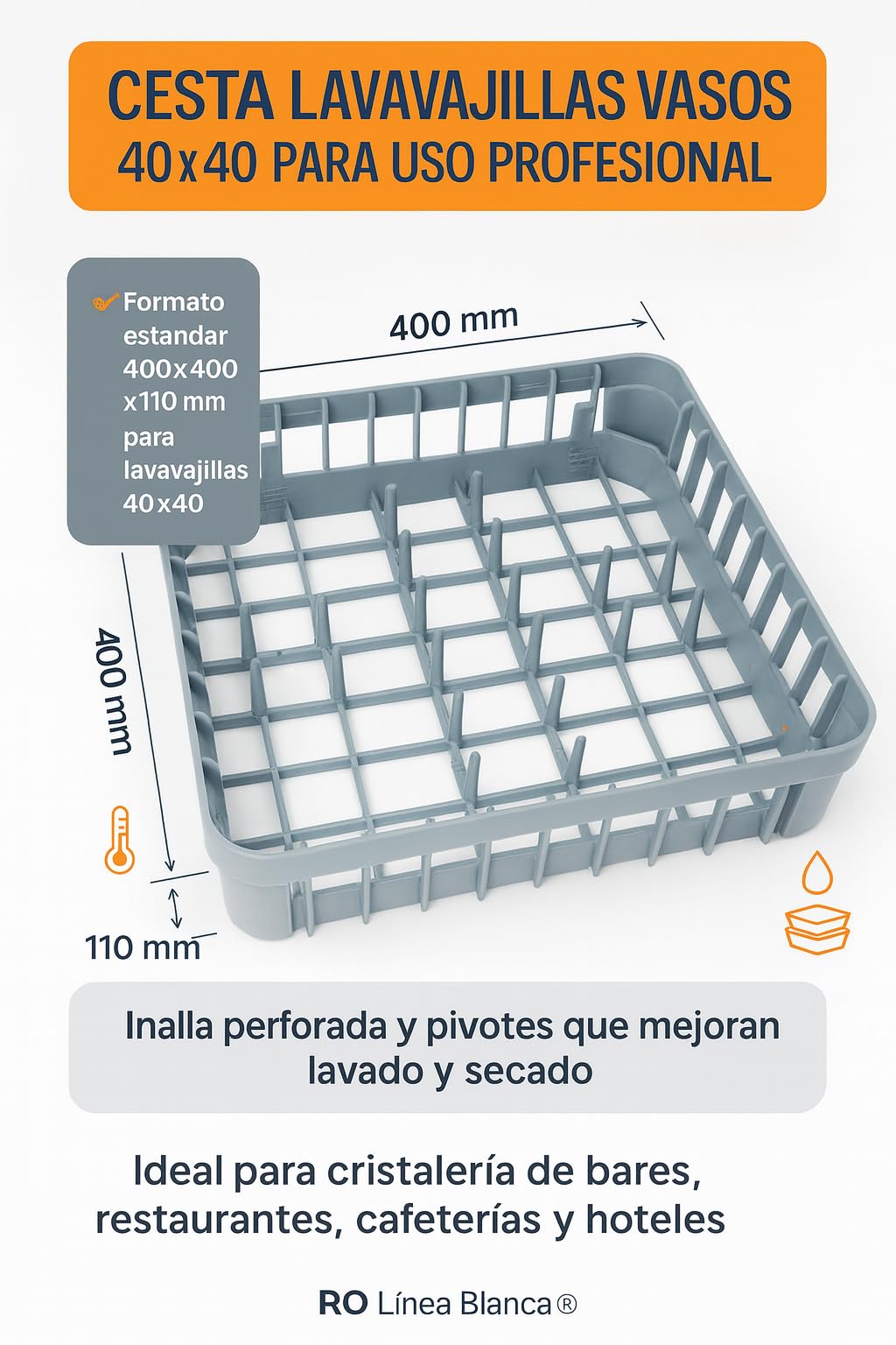 RO Linea Bianca - Cestino per lavastoviglie, 20 pivot, 400 x 400 x 110 mm, in polipropilene industriale, impilabile, forato, essiccato, compatibile con Sammic Silanos Jemi Infrico San Marino