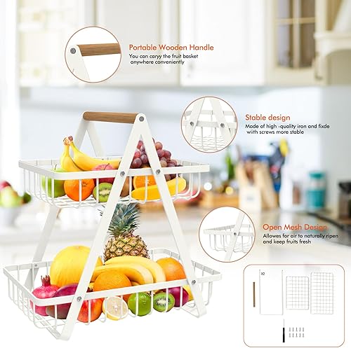 Miniatura 2 de Cesta de frutas de 2 niveles, cesta de frutas portátil para organizador de cocina, almacenamiento de frutas, verduras, pan, aperitivos, cesta