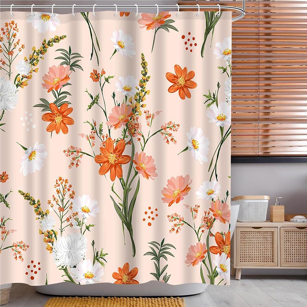 BREASOME Orange Floral Shower Curtain 180 x 180 cm for Bathroom Decor Mould Proof Waterproof Polyester Fabric Bath Curtain with 12 Hooks