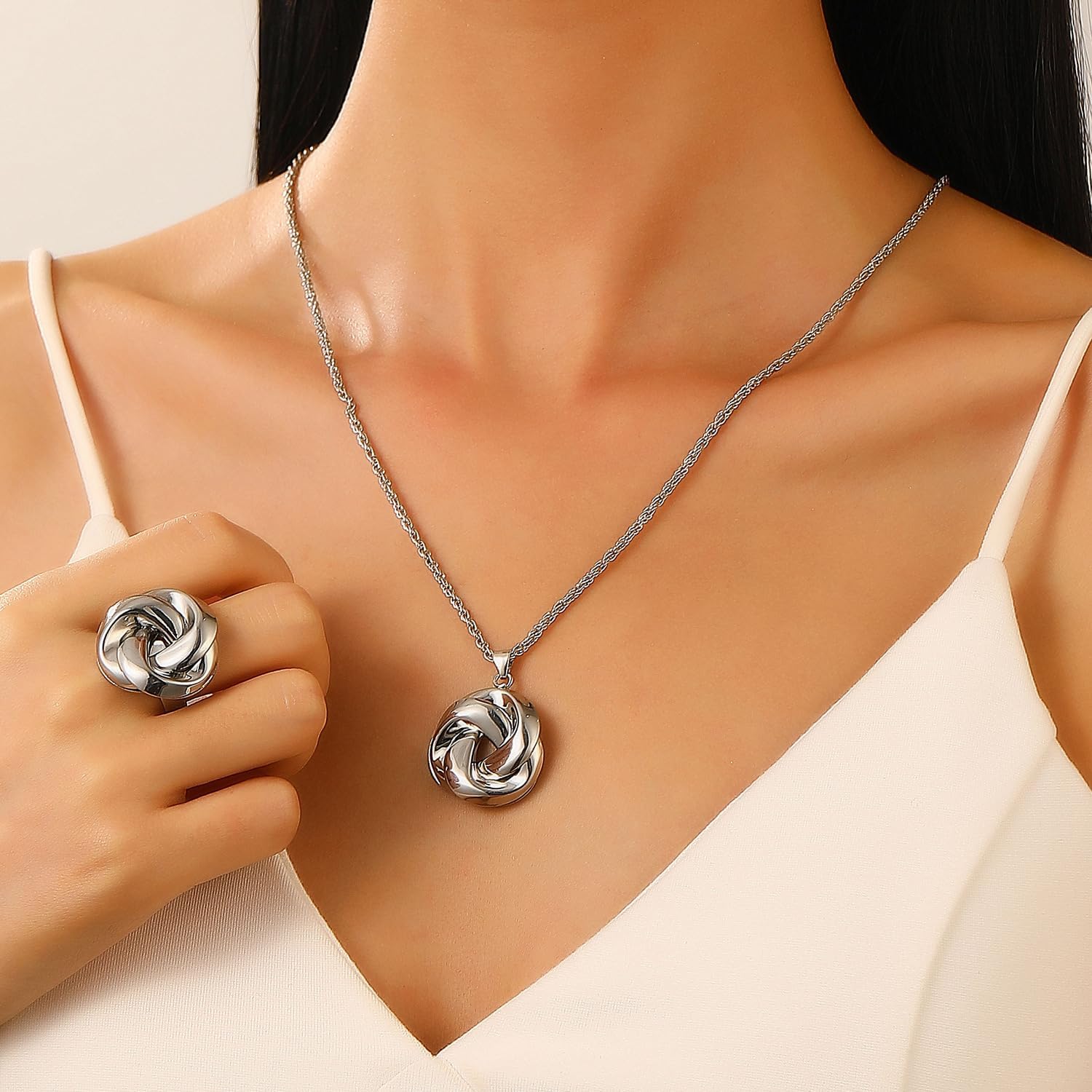 PLOUTOS Trendy Knot Jewelry Set Women Gold Silver Twisted Round Pendant Necklace Matching Stud Earrings Rings Adjustable Statement Fashion Gift - Image 2