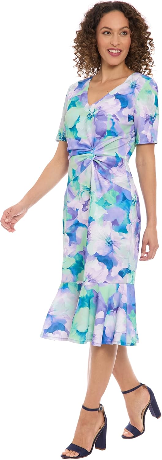 London Times Women's Elegant Midi V-Neck Short Sleeve Twist Waist Flounce Hem-Special Occasion Cocktail Dresses - Image 2