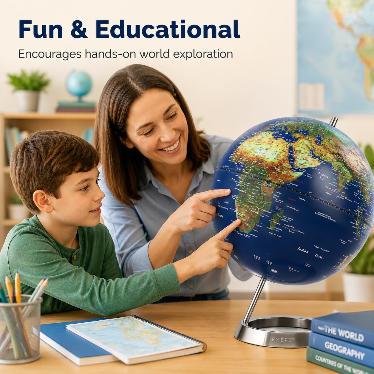EXERZ 25cm Globe en Anglais - Décoration de Bureau Éducationnel/géographique/Moderne - avec Base en métal – Bleu
