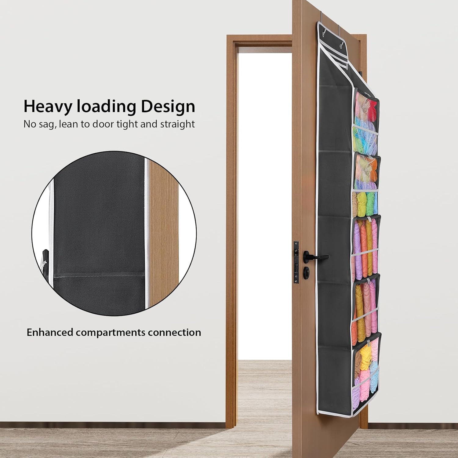 Univivi Hanging Yarn Storage Organizer with 6 Zipper Closure Compartments, Large Capacity Knitting Organizer Storage, Over The Door Hanging Yarn Holder for Knitting Needles, Crochet Hooks (Dark Grey)