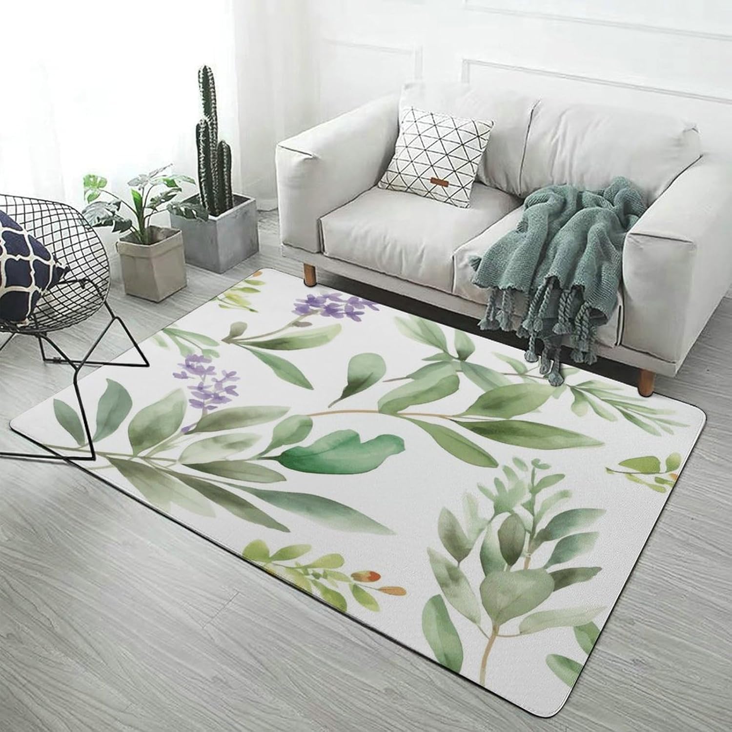 Green Flower Watercolor Herb Sage Leaves and Branches1 Carpet for Living Room,Washable Dining Room Non-Slip Under Table Rug 40“x60”Large Rugs Lndoor Home Decoration Stain Resistant Carpet for Bedroom