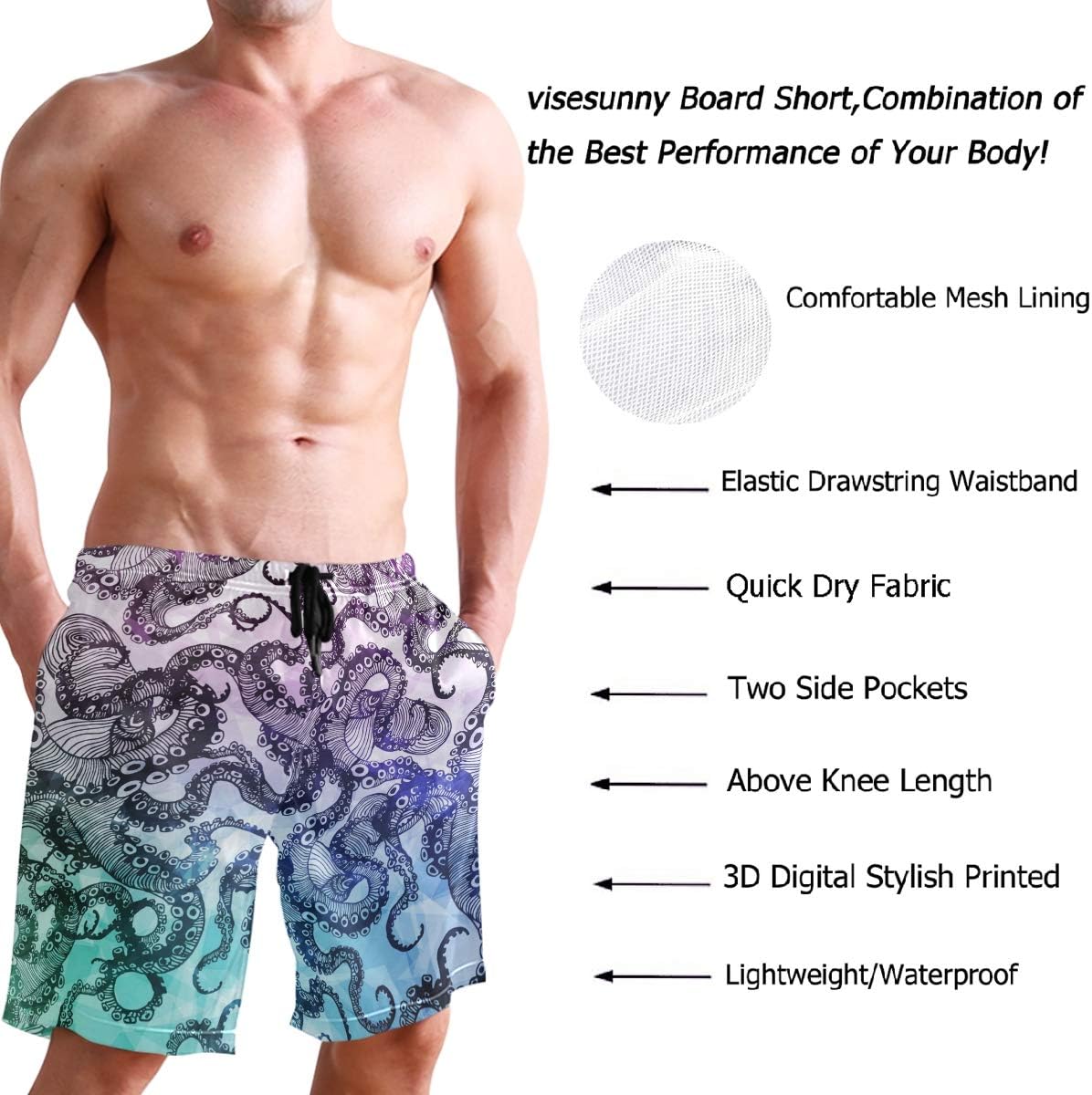 visesunny Stylish Mens Swim Trunks Quick Dry Beachwear Sports Swim Board Shorts Holiday Party Bathing Suits - Image 4
