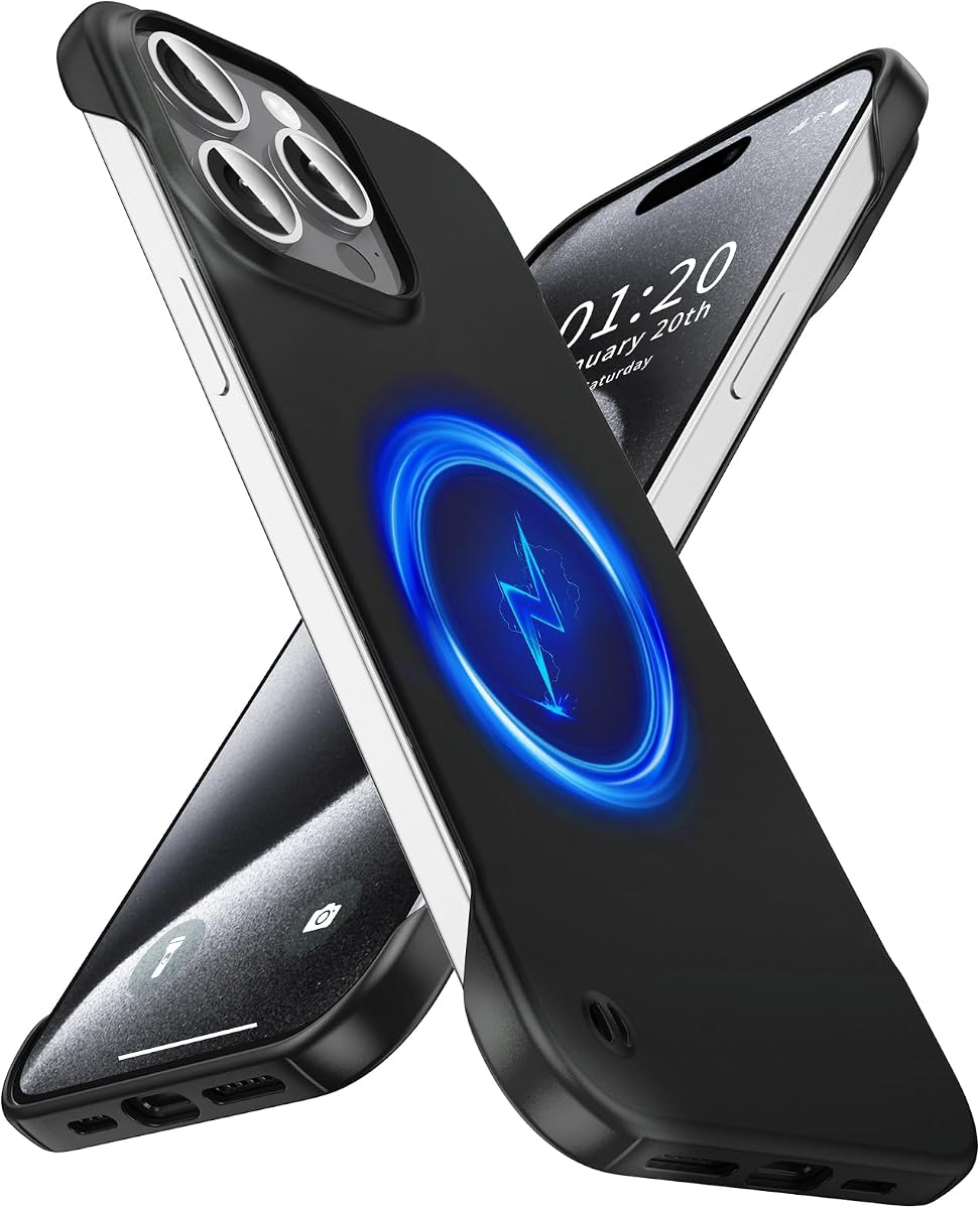 GRECAZO Magnetic Frosted Frameless Case for iPhone 15 Pro Max, Black | Compatible with MagSafe, Metallic Finish, Hard PC Cover, Ultra Thin Lightweight Minimalist Borderless, Slim Fit, 6.7-Inch