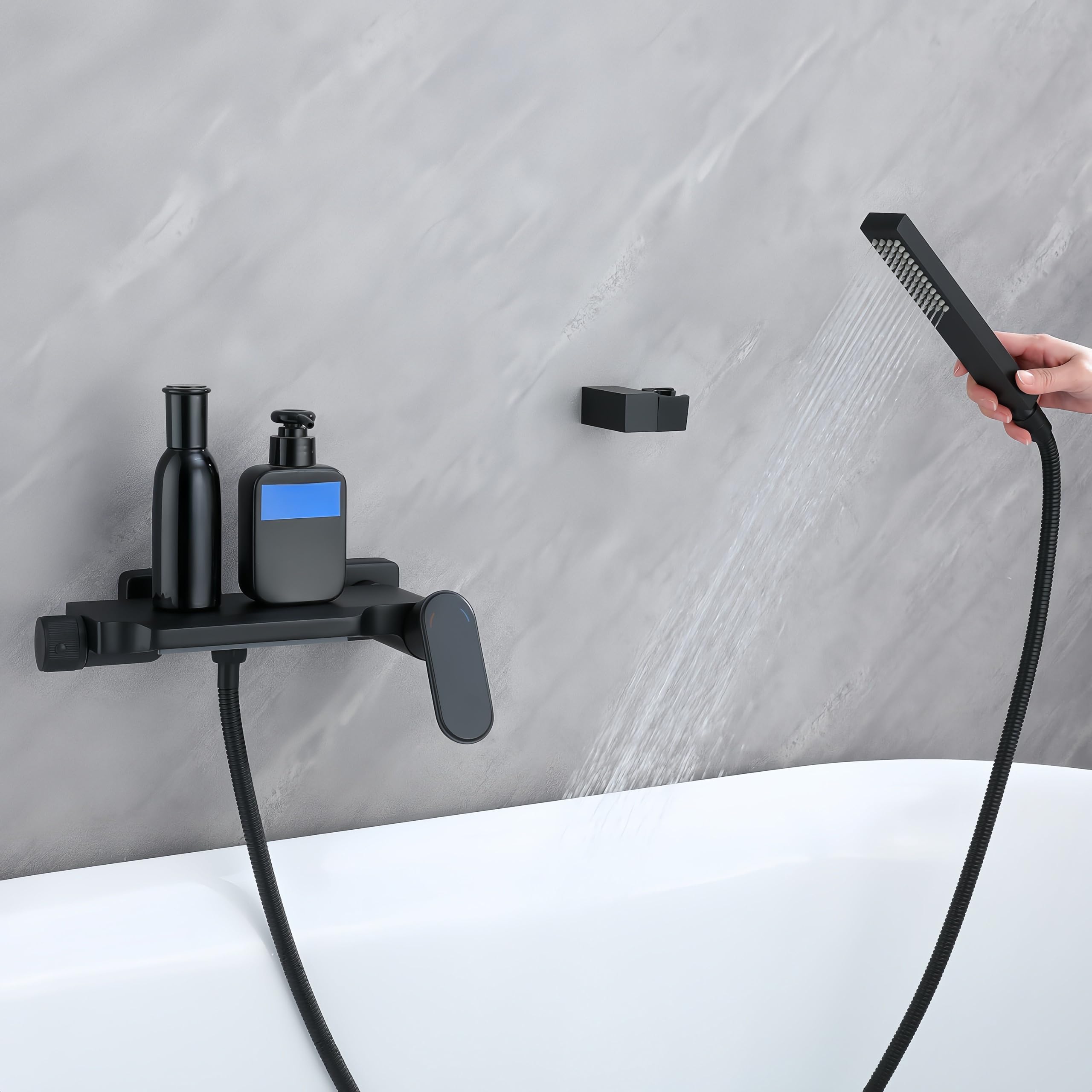 Grifo de Bañera Negro Cascada Con Ducha Monomando, Moderno Montaje en Pared de Latón Con Alcachofa