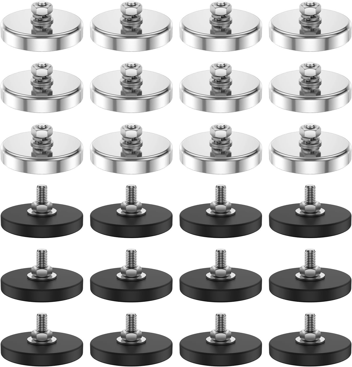 24Pack Rock Light Magnets with M6 Male Threaded Stud 150lb Strong Neodymium Round Magnet and 22lb Rubber Coated Magnets with Nut and Washer for Lighting, Camera, Panels Brackets (Silver+Black)