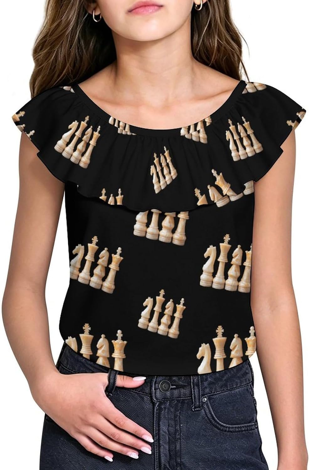 Chess Pieces Girls T-Shirts Top Ruffle Short Sleeve Blouse Casual Graphic Tees