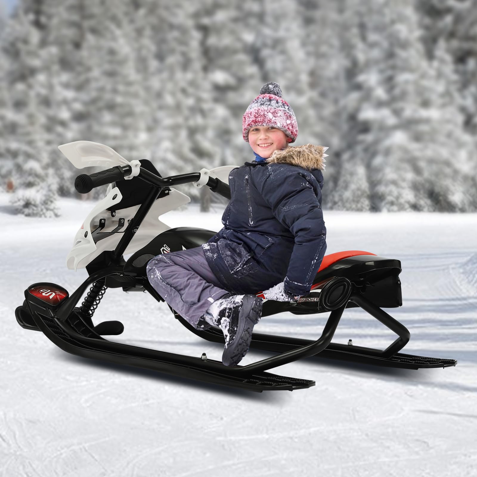 Luge avec volant, luge de direction avec frein à pied, siège réglable et corde de traction, capacité de charge de 80 kg, pour neige à partir de 3 ans, luge robuste pour enfants et adolescents