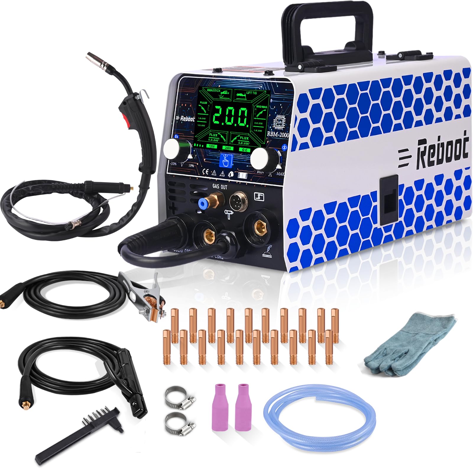 Reboot RBM2000 PRO Saldatrice MIG 200A 5 in 1 Inverter Sinergico MIG Gas/Gasless MMA Lift TIG Spot Display LED