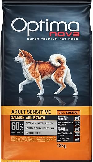 Optima Nova – Pienso para perros adultos Optima Nova Grain Free Sensitive salmón y patata. 12 Kg