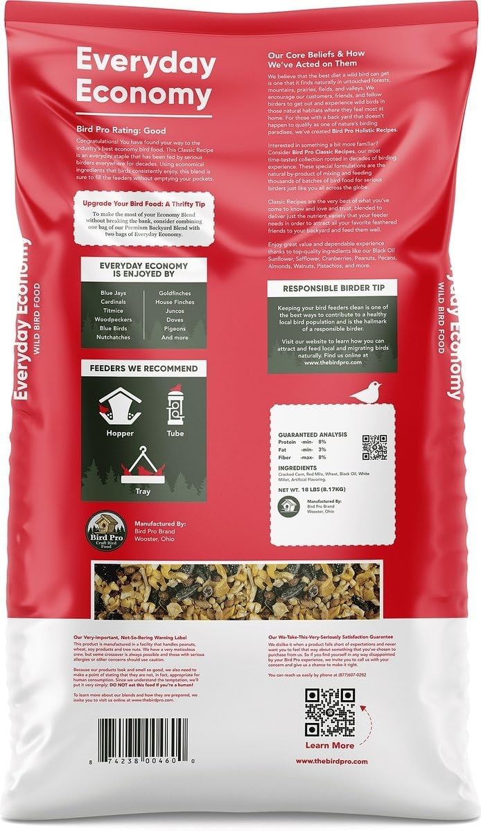 Bird Pro Everyday Economy Bird Seed Blend – Year-Round Value Red Milo, Black Oil Sunflower & White Millet – Attracts Cardinals, Chickadees, Woodpeckers & More (36 Pounds)