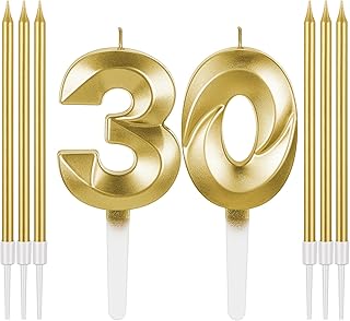 Mtlee Birthday Candles Set for Cakes Including 6 Long Thin Metallic Birthday Candles and Number Birthday Candles Gold Candles for Anniversary Celebration Party Topper Decorations Men Women (30)