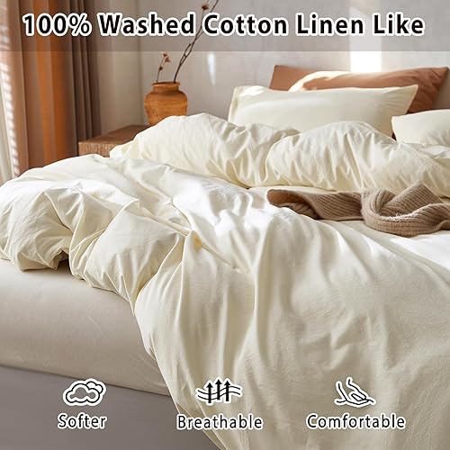 Miniatura 5 de TOCOMOA Juego de funda de edredón tamaño Queen, 100% algodón lavado con textura de lino, juego de ropa de cama de 3 piezas color crema, suave y