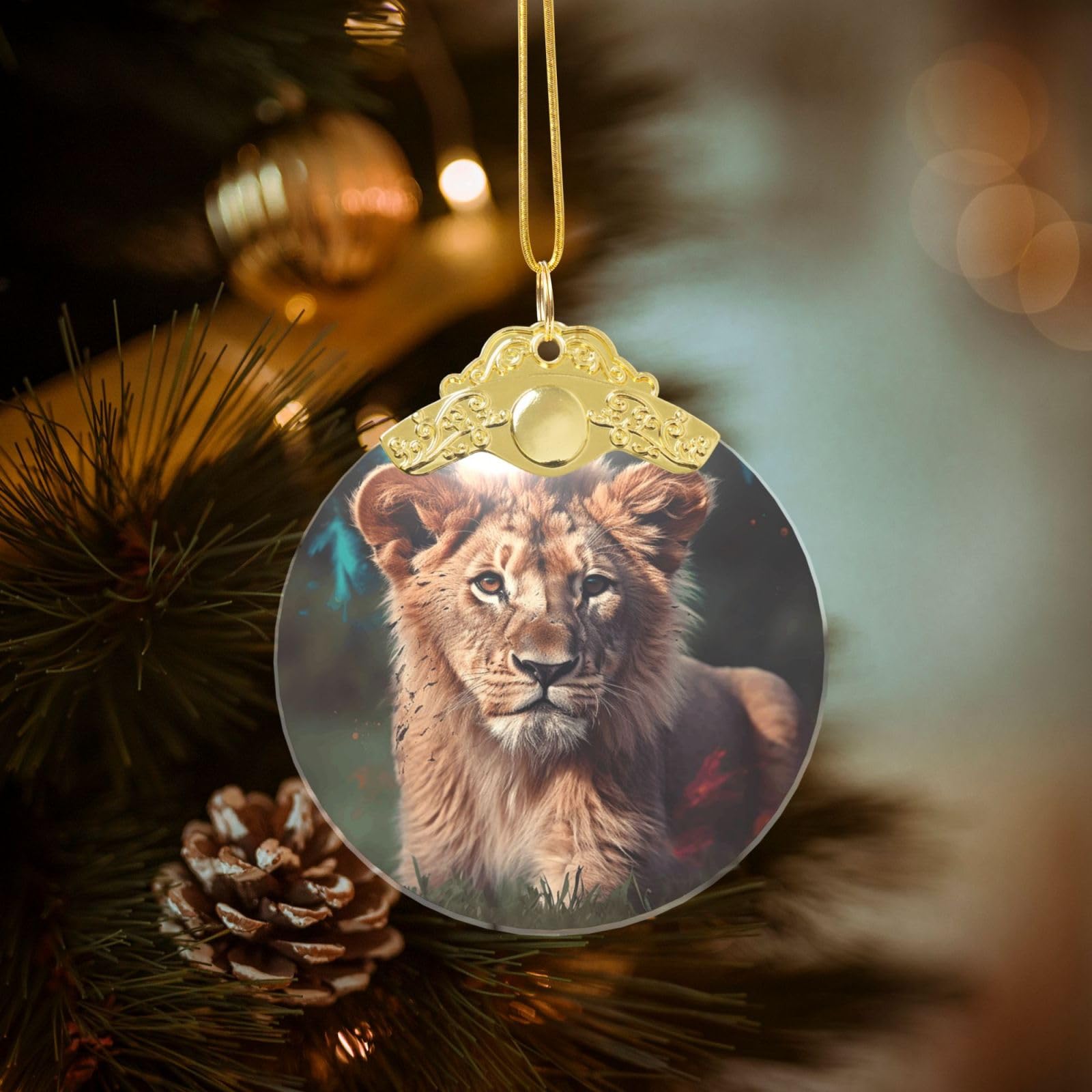 Crystal Christmas Ornaments for Christmas Tree Decoration Hanging Art Lion Ornament with Gold Ribbon Crafts Round Pendant for Keepsake Gifts Glass Xmas Decor Party Supplies