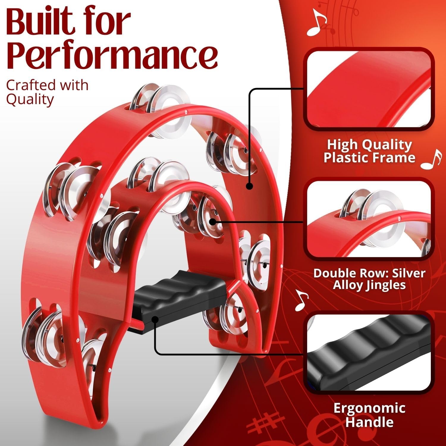 Flexzion Tambourine Metal Half Moon Musical Instruments Double Row Metal Jingles Hand Held Instruments Percussion with Ergonomic Handle Grip, Tambourines for Adults, 2 Packs - Red