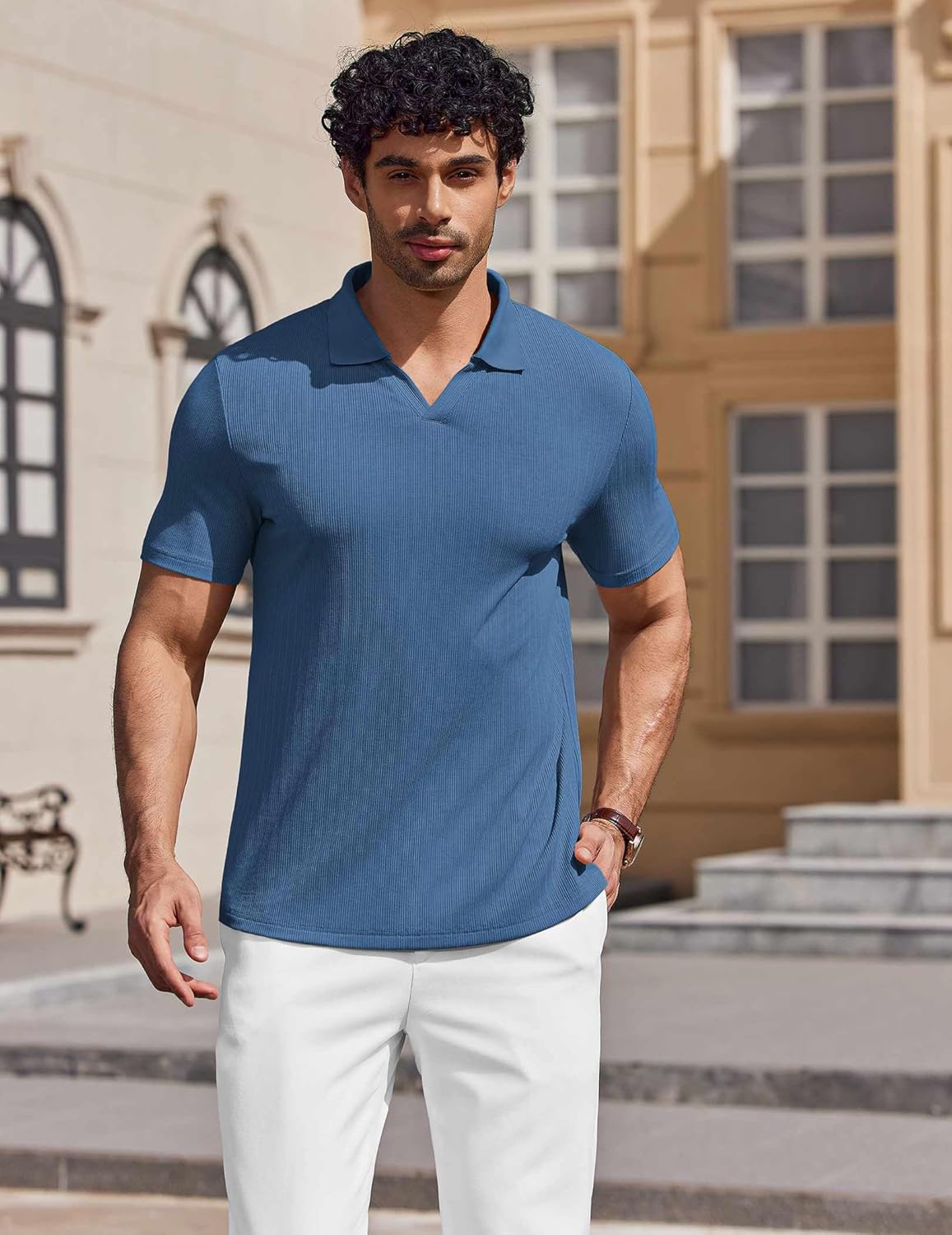 COOFANDY Men's Muscle V Neck Polo Shirts Stretch Short Sleeve Golf T-Shirts Ribbed Knit Soft Tees - Image 2