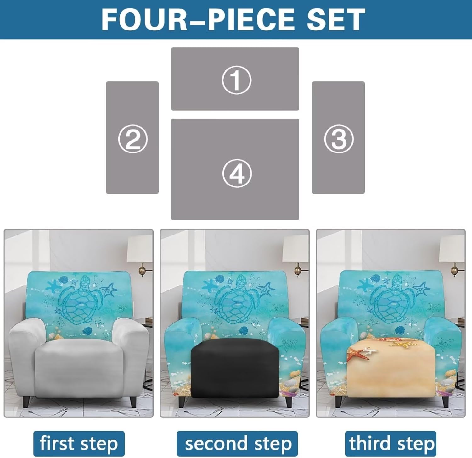 4 Piece Recliner Sofa Cover Single Turtle Starfish Furniture Slipcover for Living Room Chairs Light Blue Recliner Chair Cover with Pockets