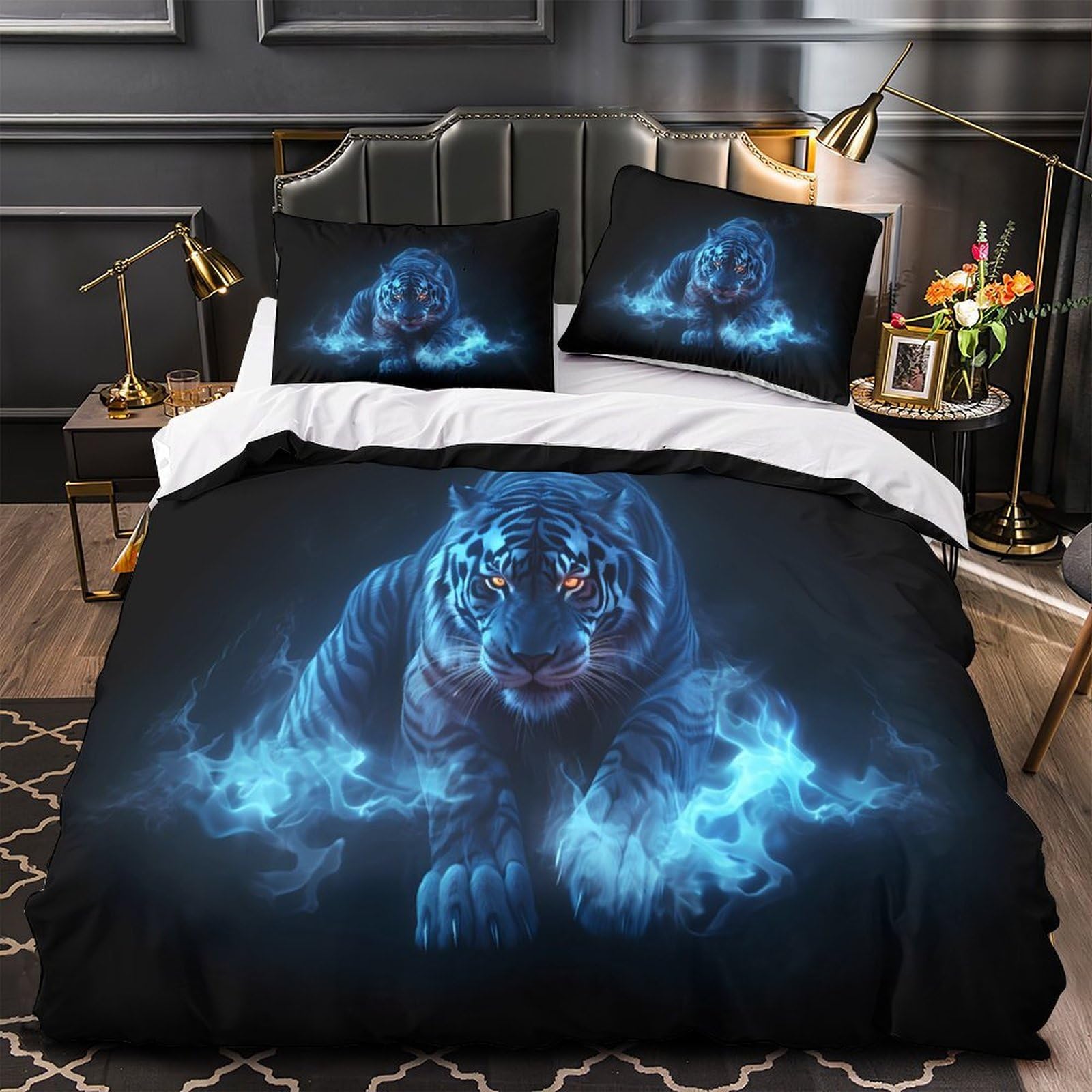 Blue Tiger Prowling Quilt Cover 3D Print Anti-allergic 3 Pieces Bed Set Hidden Zipper digital Fantasy Duvet Cover Luxury All Season for Adults Kids Teens Women Youth Teenagers Single（135x200cm）