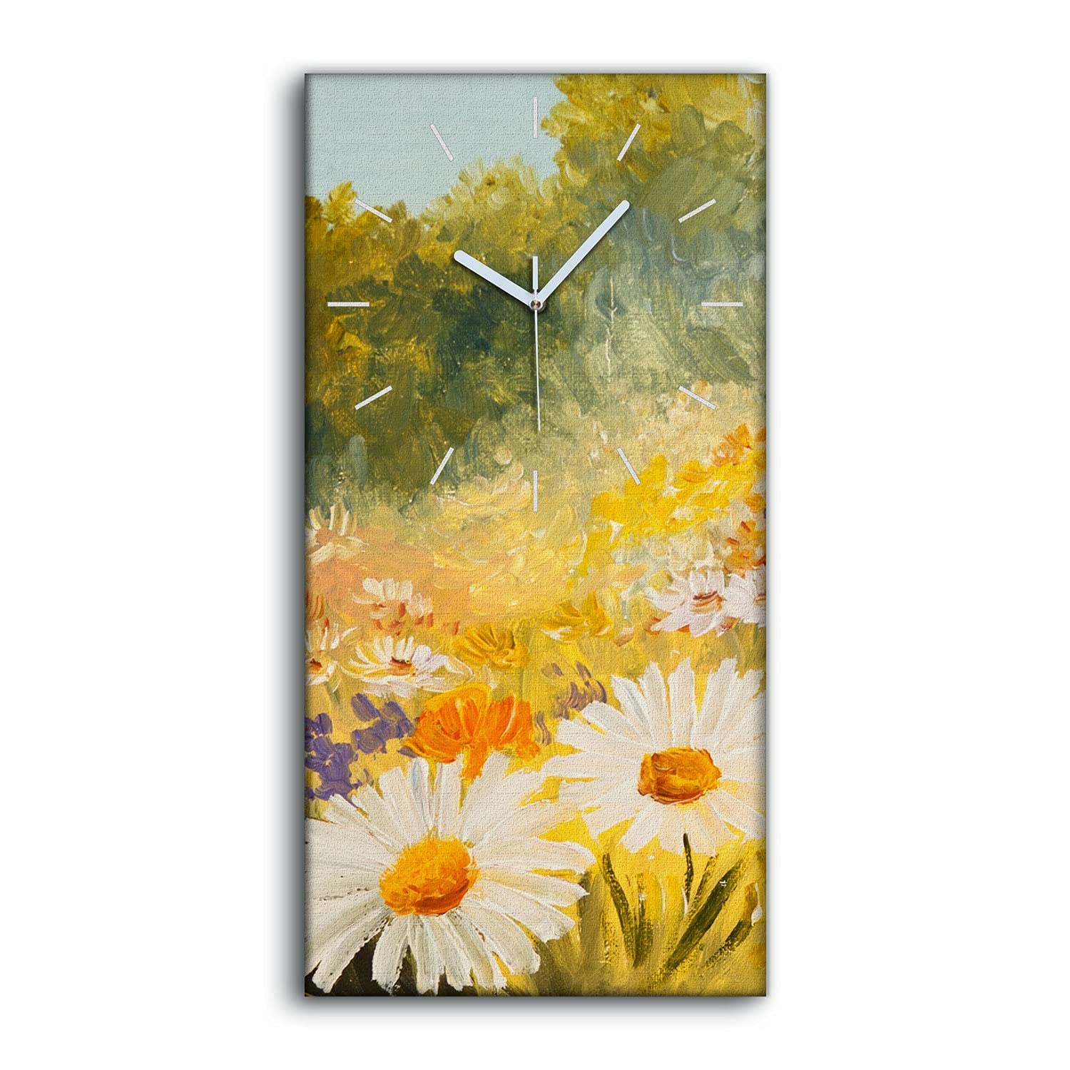 Horloge sur Toile 30x60cm Champ de Marguerites Silencieuse pour Salon