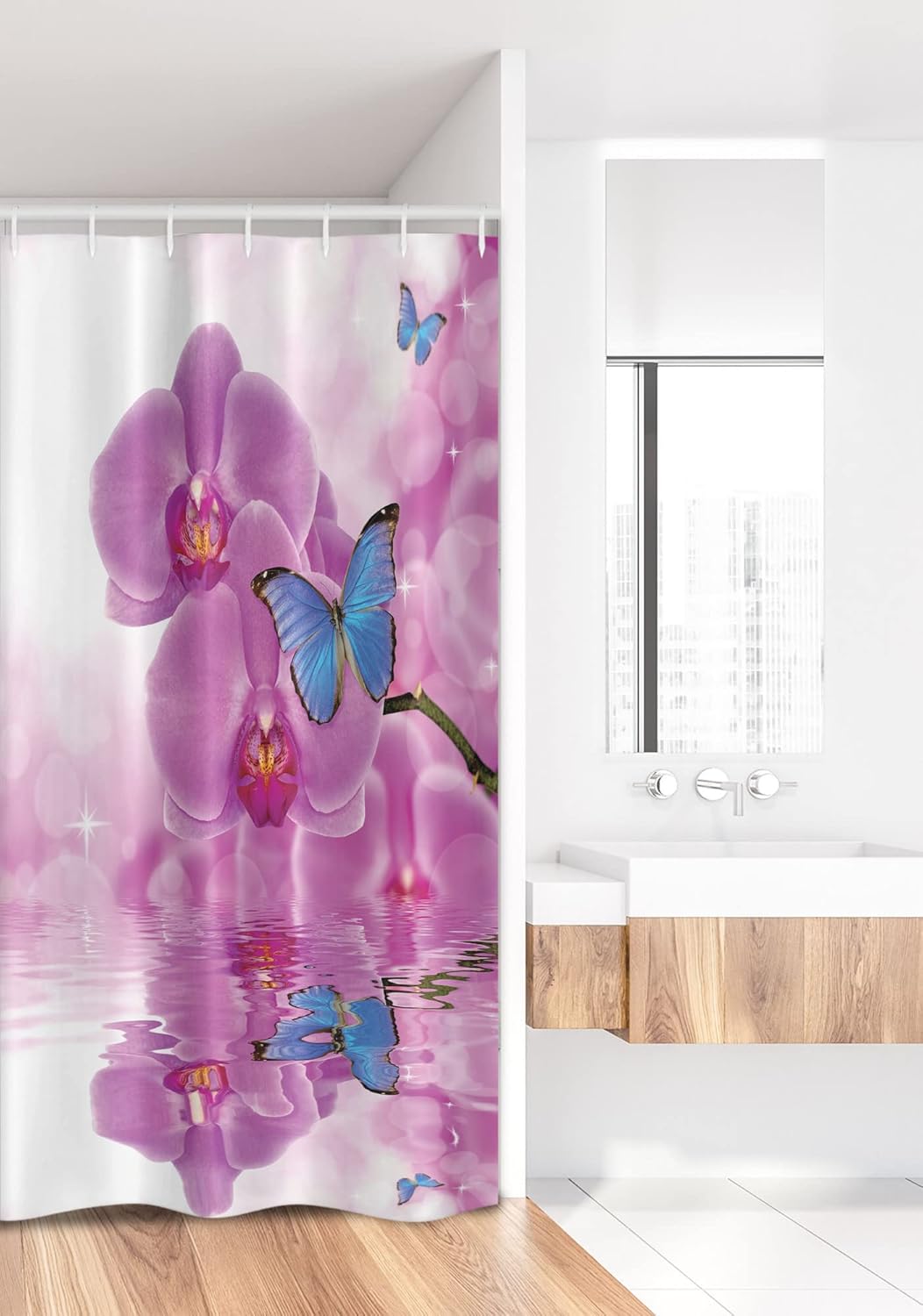Ambesonne Butterflies Stall Shower Curtain, Orchid Reflection on Water Bloom Botany Plant Branch Anima Print, Fabric Bathroom Decor Set with Hooks, 36" W x 72" L, Pink Blue White